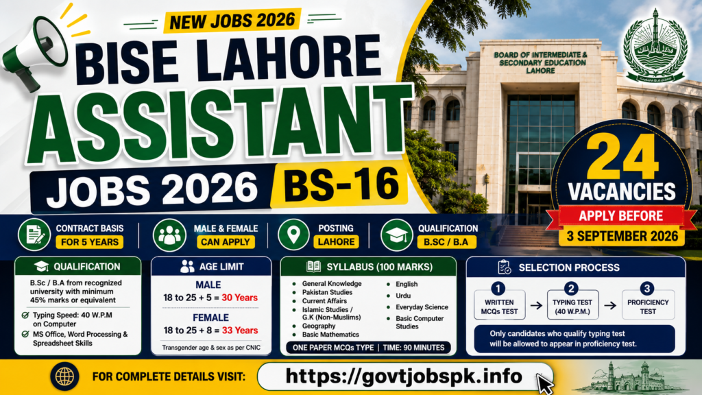 BISE Lahore Assistant Jobs 2026